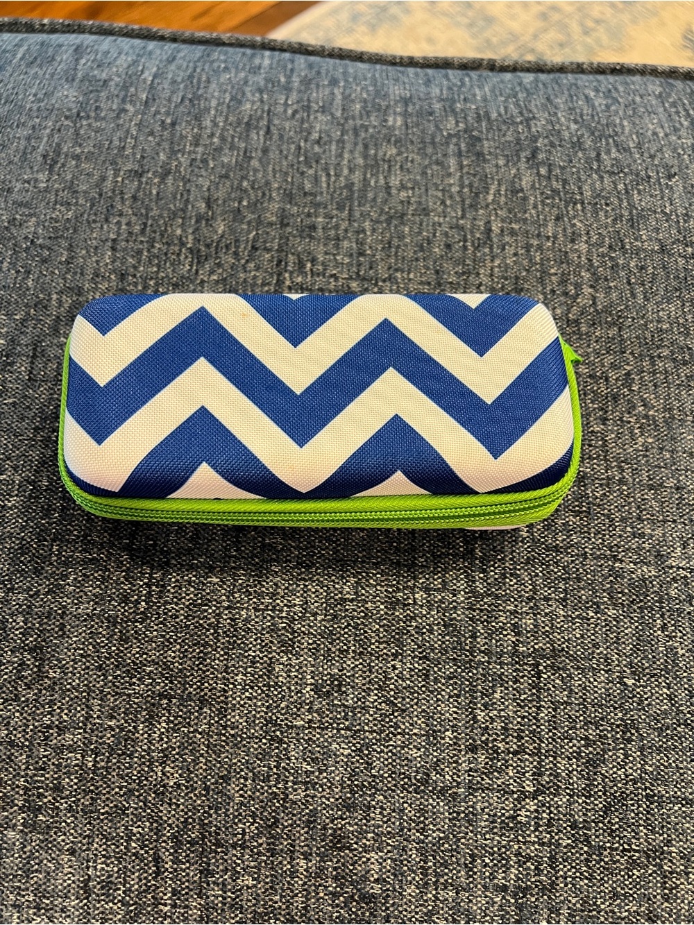 Blue & White Chevron Eyeglass Case with Lime Zipper